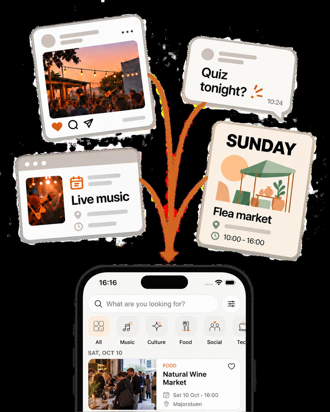 Plans scattered across a social post, a group chat, a website and a flyer, all gathered in the Kelar app.