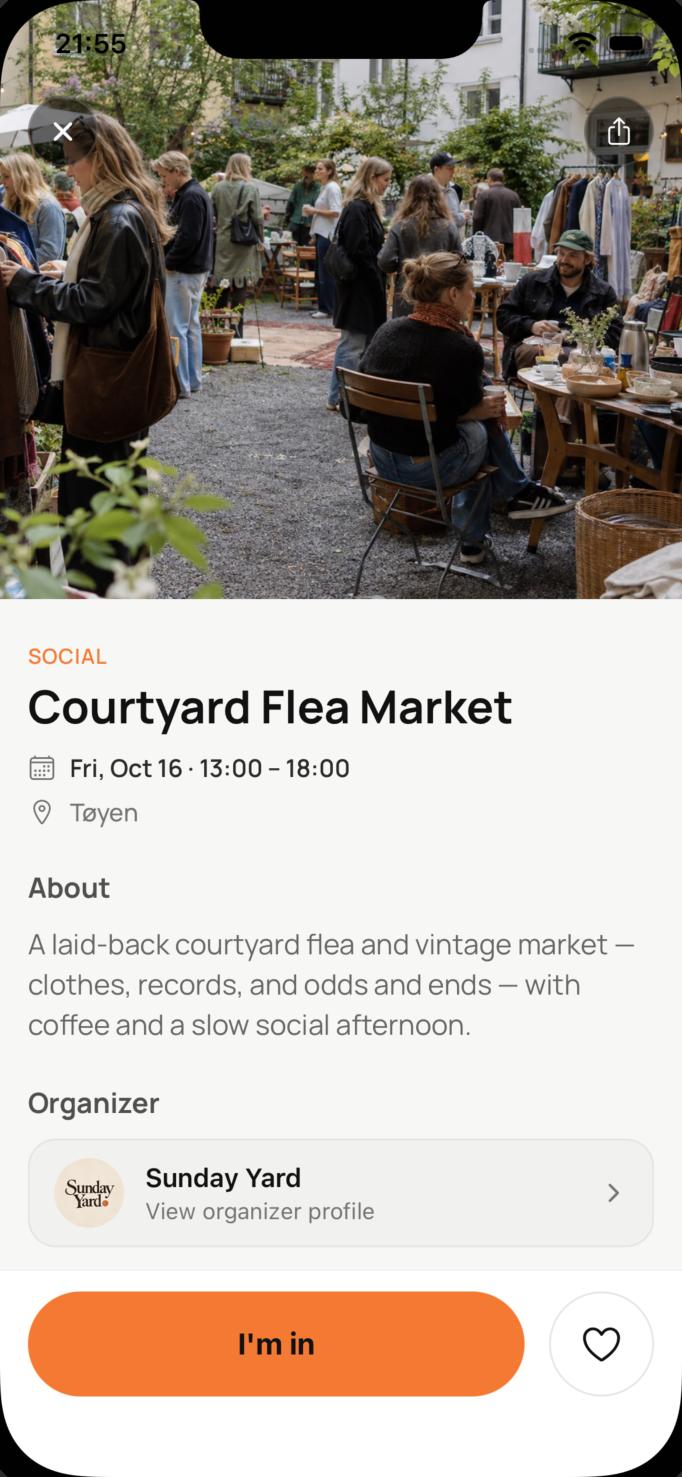 A Kelar event page for Courtyard Flea Market in Tøyen, with the organizer Sunday Yard and an I’m in button