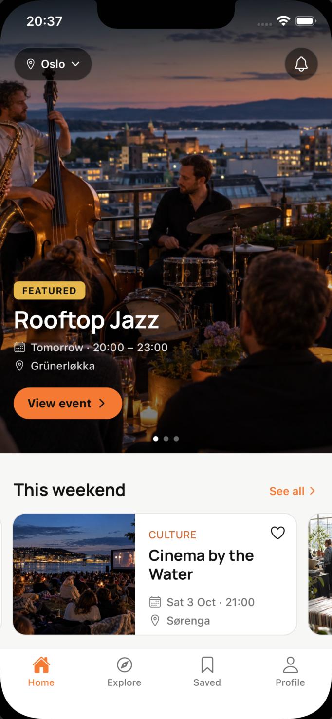The Kelar Home screen in Oslo, featuring Rooftop Jazz and events this weekend