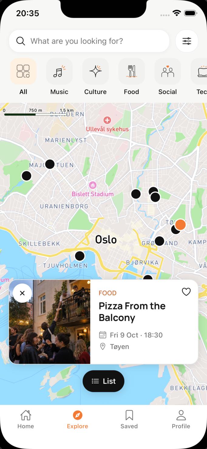 The Kelar Explore map of Oslo with event pins and a selected event, Pizza From the Balcony